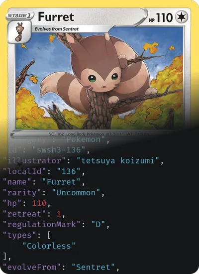 Pokémon TCG card representing Furret mixed with it's JSON representation