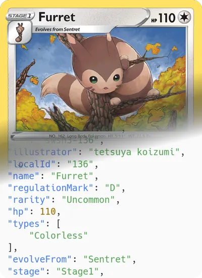 Pokémon TCG card representing Furret mixed with it's JSON representation